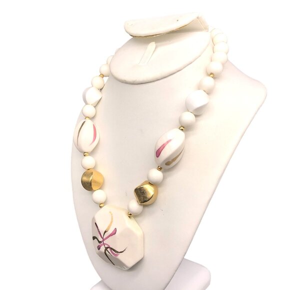 Hand Painted Japanese Beaded Necklace, White, Mauve and Gold Abstract Fireworks - Picture 3 of 9